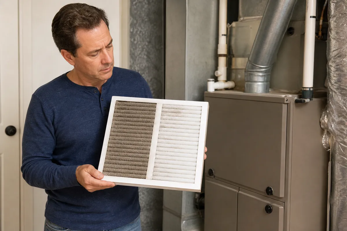Homeowner examining a dry pleated HVAC filter that is dusty on one half and noticeably cleaner on the other.
