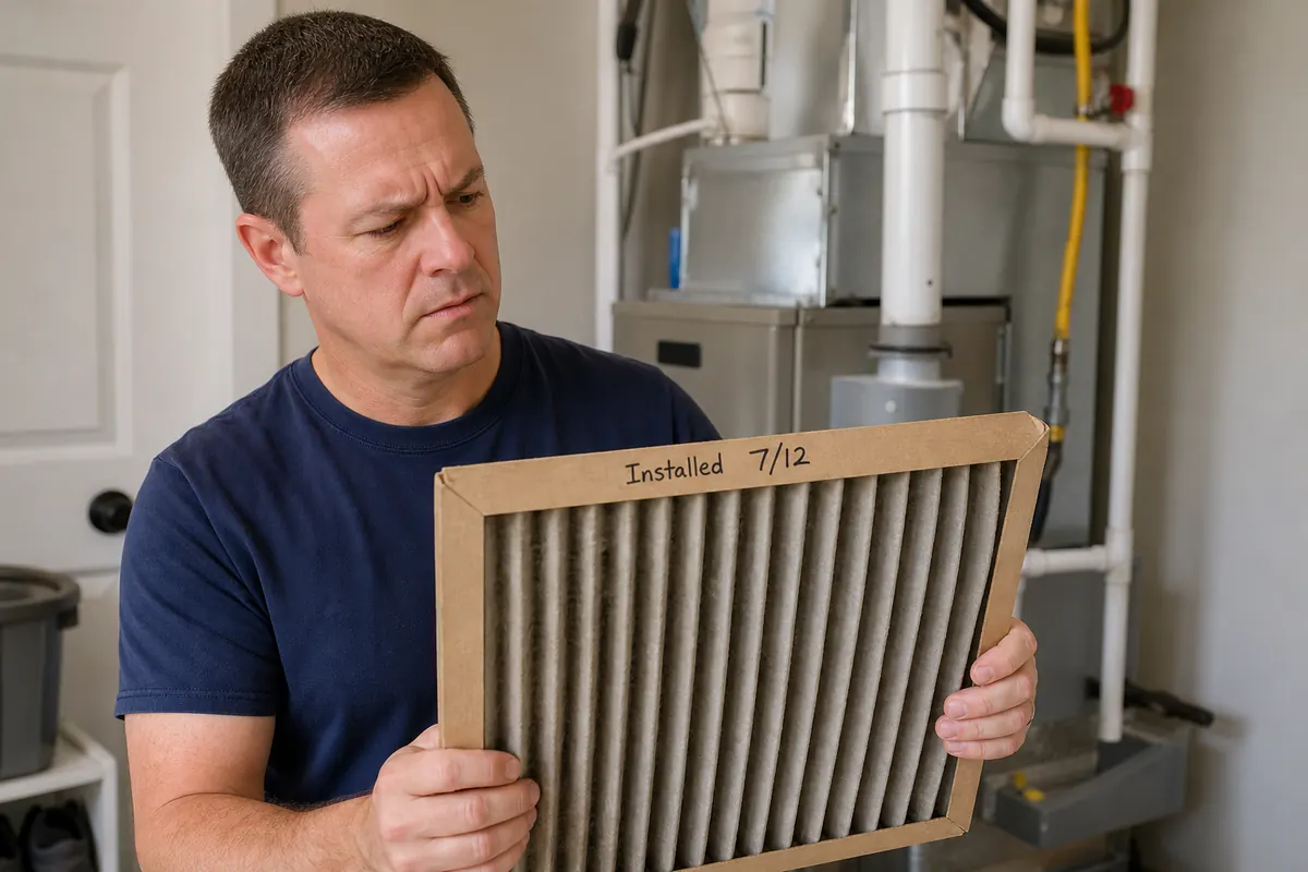 Homeowner checking the installation date on a recently replaced pleated HVAC filter that has become visibly gray and dusty.