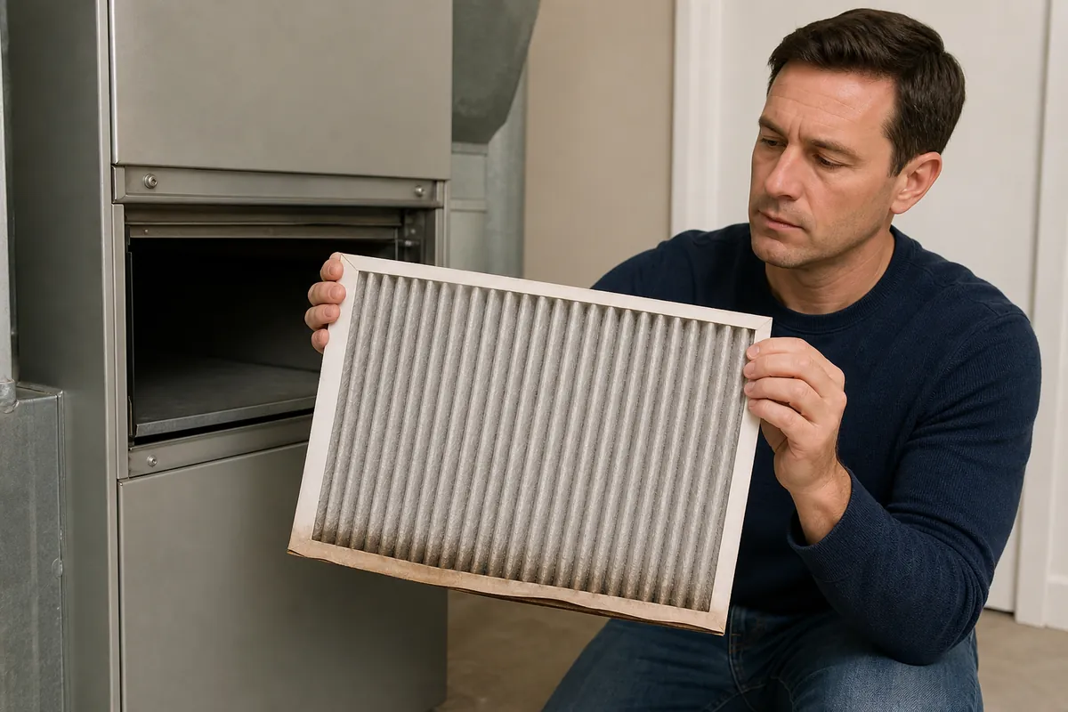 Homeowner holding a slightly damp pleated HVAC filter beside an accessible residential furnace filter slot.
