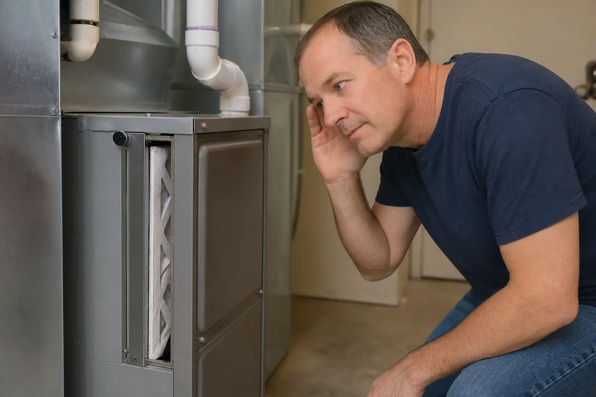 Homeowner listening near an accessible furnace filter slot after installing a clean pleated air filter.