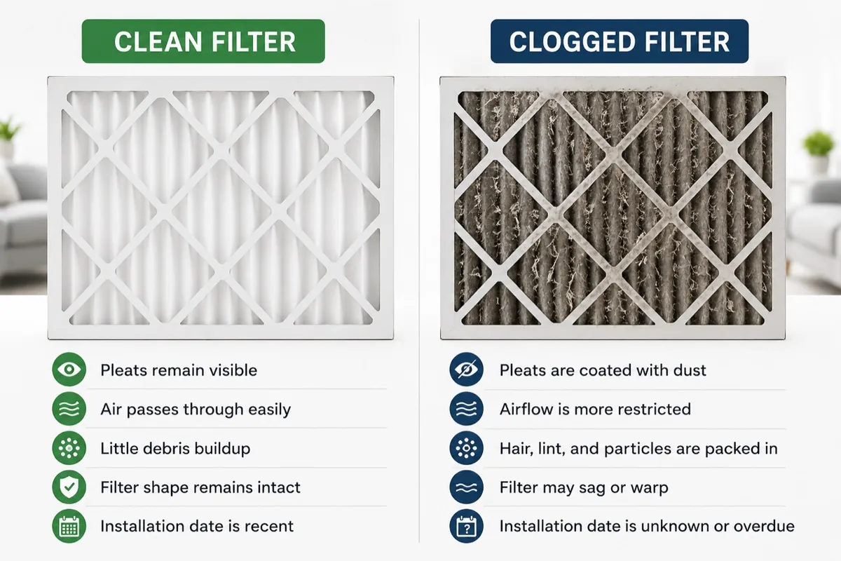 Side-by-side comparison of a clean HVAC filter and a clogged HVAC filter.