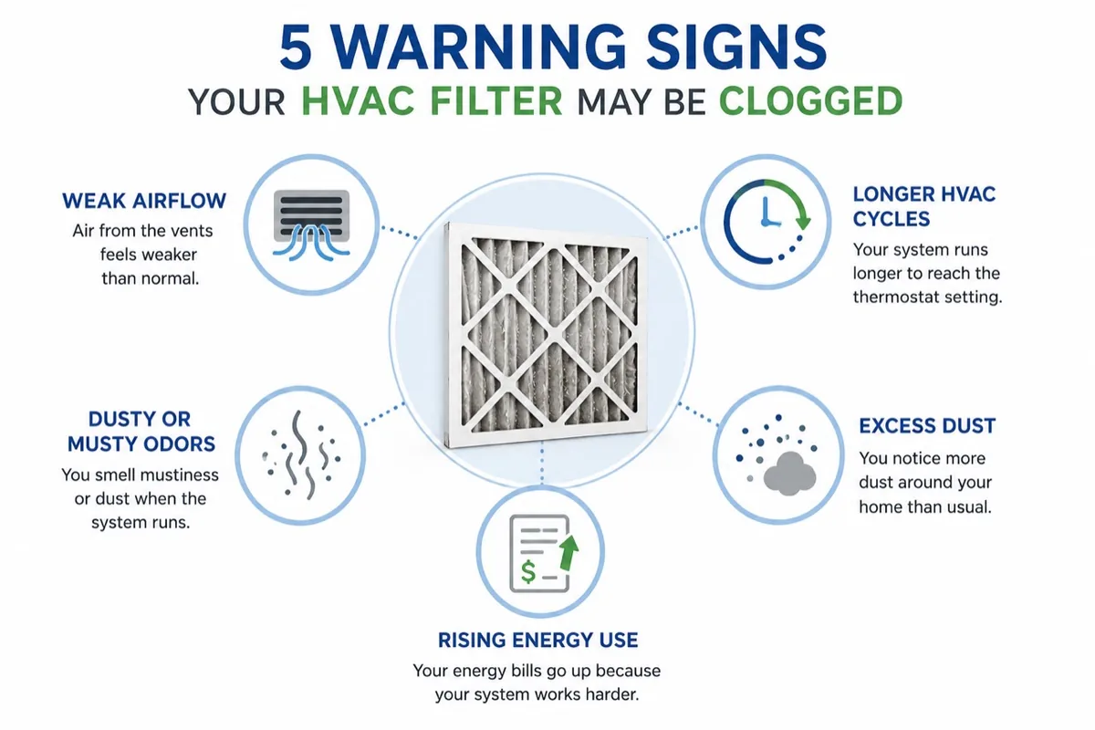 Common warning signs that an HVAC air filter needs replacing.