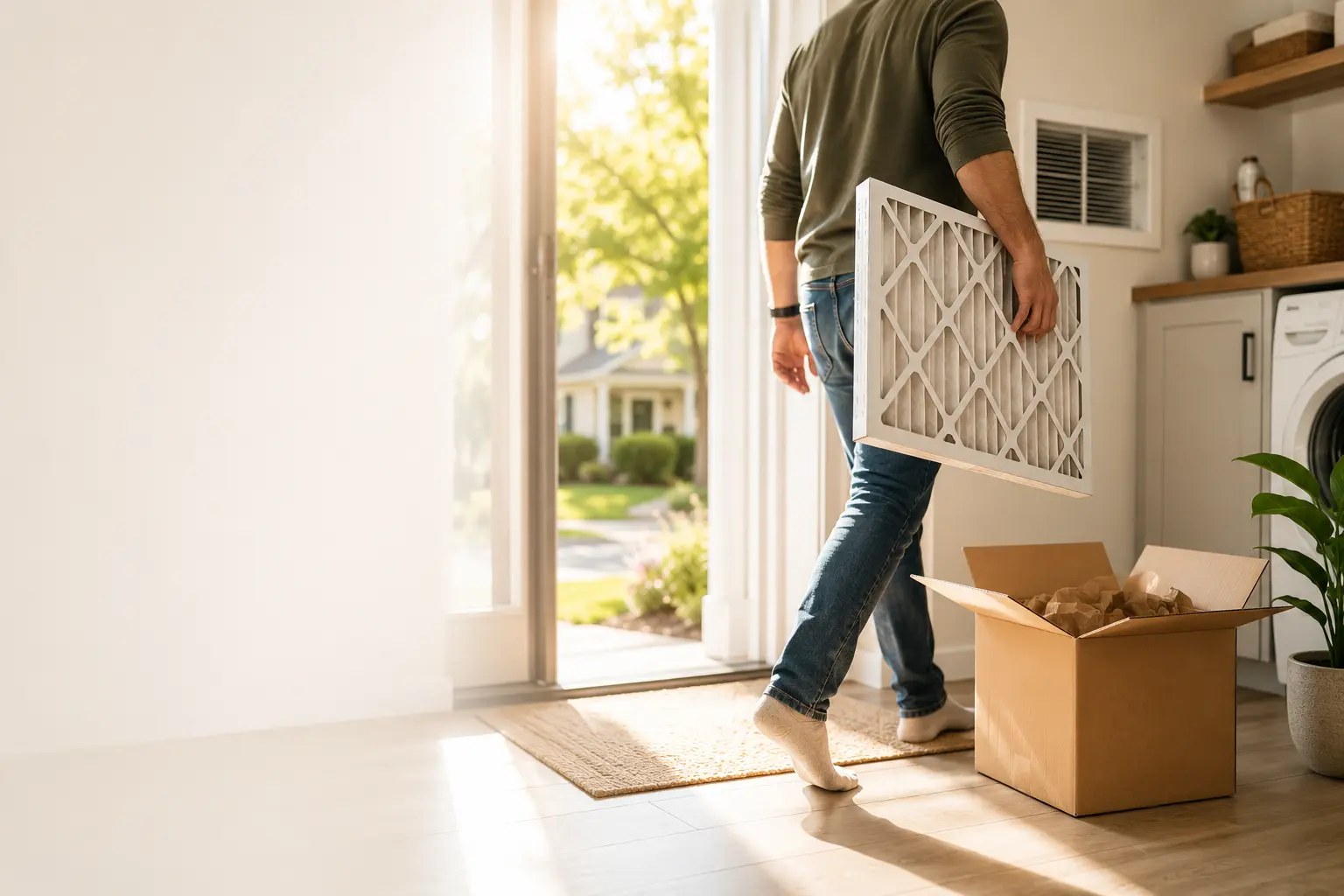 Homeowner carrying a clean air filter into the house with a delivery box nearby