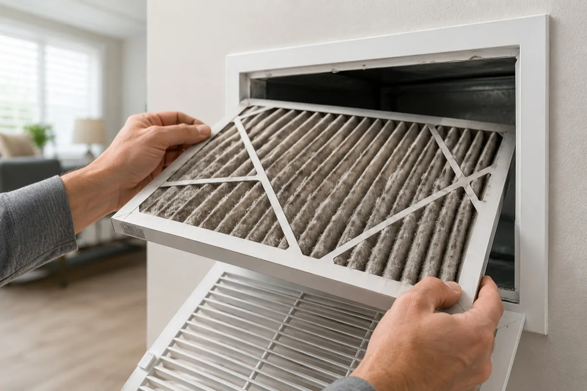 Homeowner inspecting a clogged HVAC air filter before replacement.